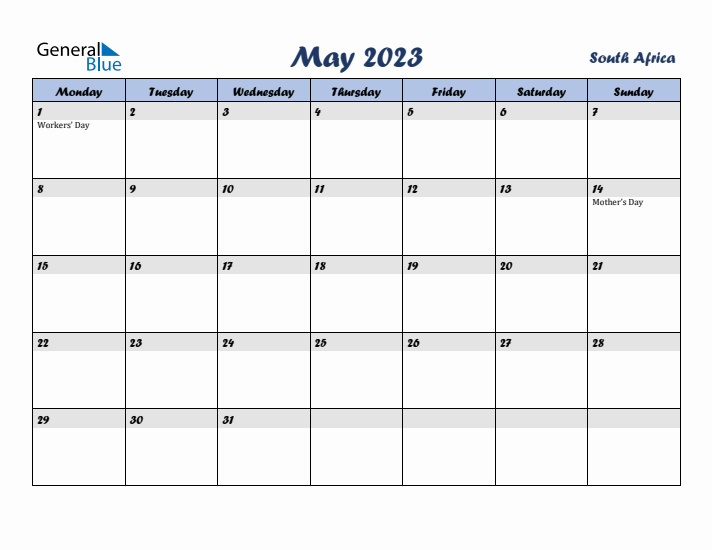 May 2023 Calendar with Holidays in South Africa