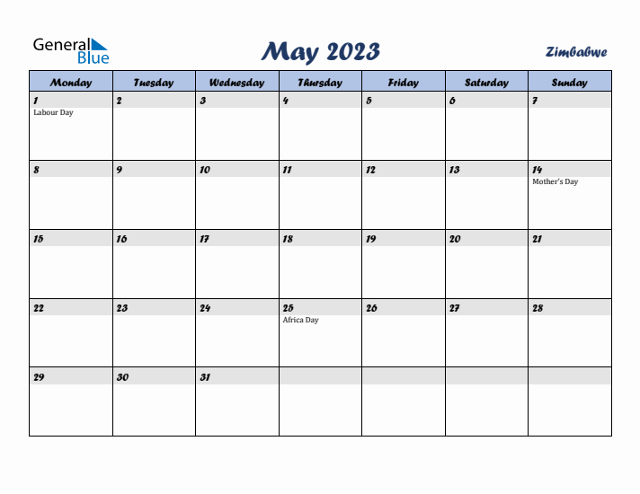 May 2023 Calendar with Holidays in Zimbabwe