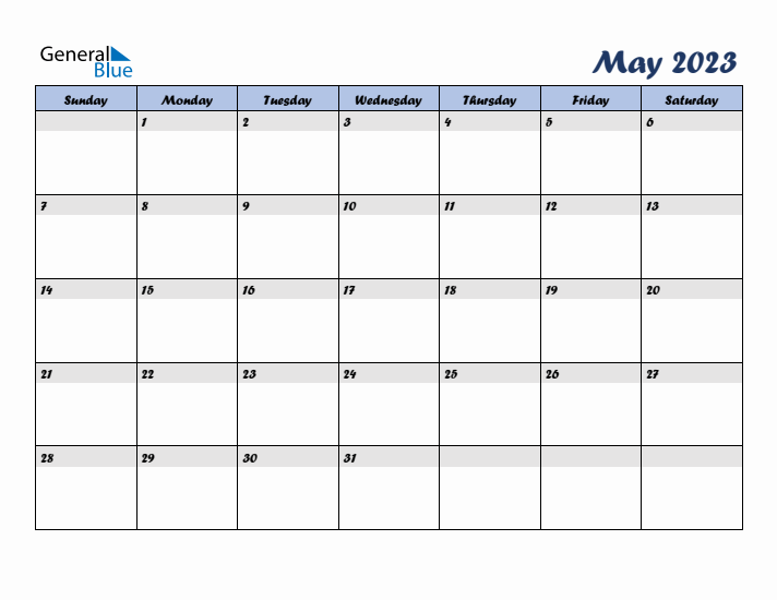 May 2023 Blue Calendar (Sunday Start)