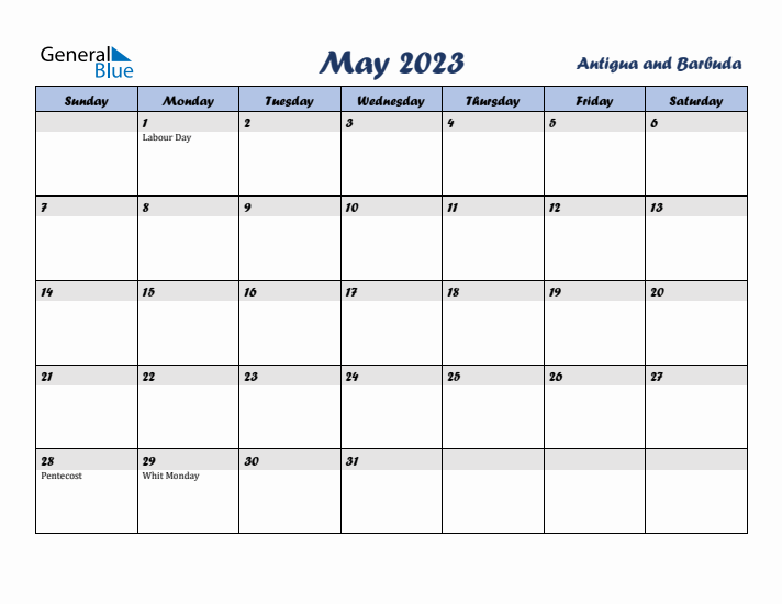 May 2023 Calendar with Holidays in Antigua and Barbuda