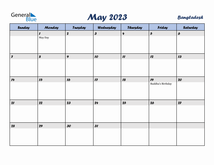 May 2023 Calendar with Holidays in Bangladesh