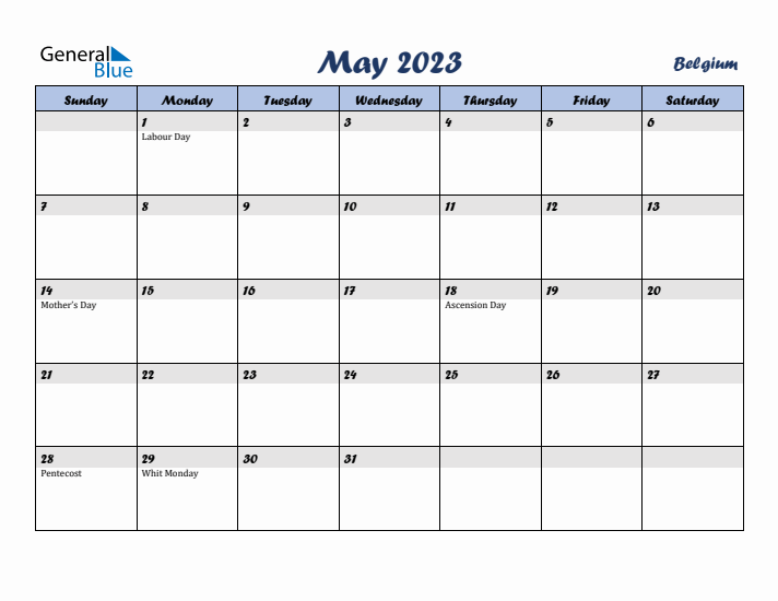 May 2023 Calendar with Holidays in Belgium