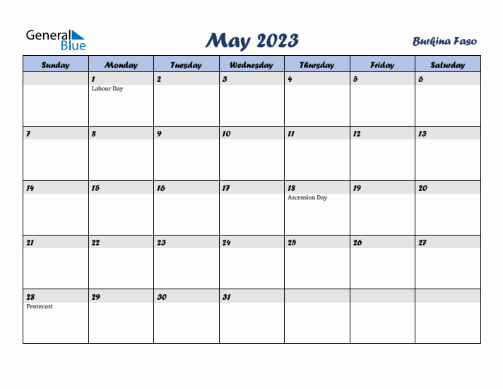 May 2023 Calendar with Holidays in Burkina Faso