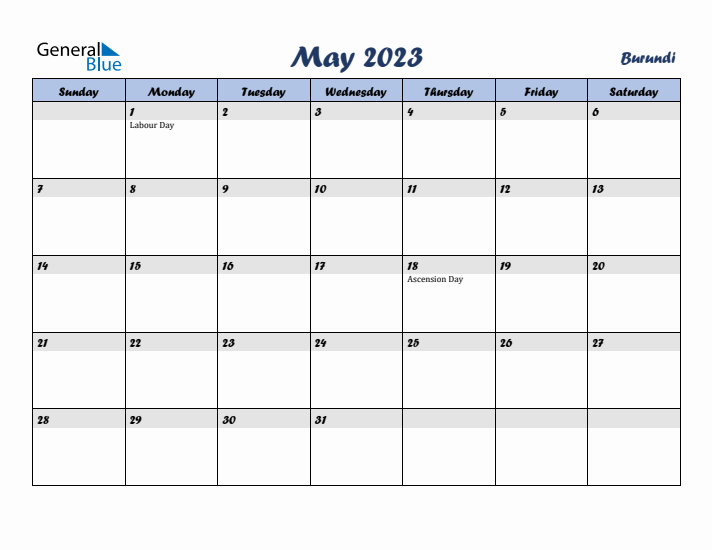 May 2023 Calendar with Holidays in Burundi