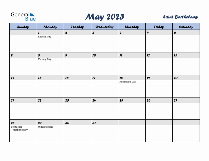 May 2023 Calendar with Holidays in Saint Barthelemy