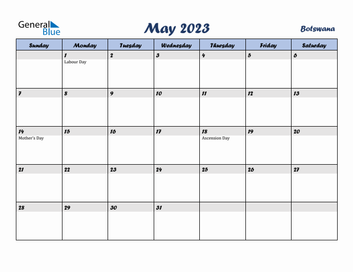 May 2023 Calendar with Holidays in Botswana