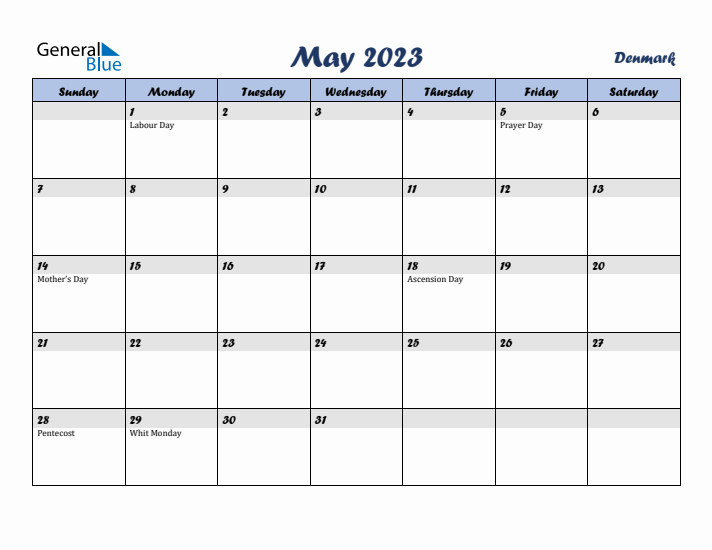 May 2023 Calendar with Holidays in Denmark