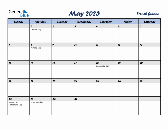 May 2023 Calendar with Holidays in French Guiana