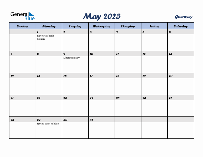 May 2023 Calendar with Holidays in Guernsey