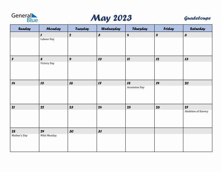 May 2023 Calendar with Holidays in Guadeloupe