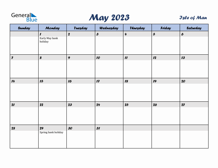 May 2023 Calendar with Holidays in Isle of Man