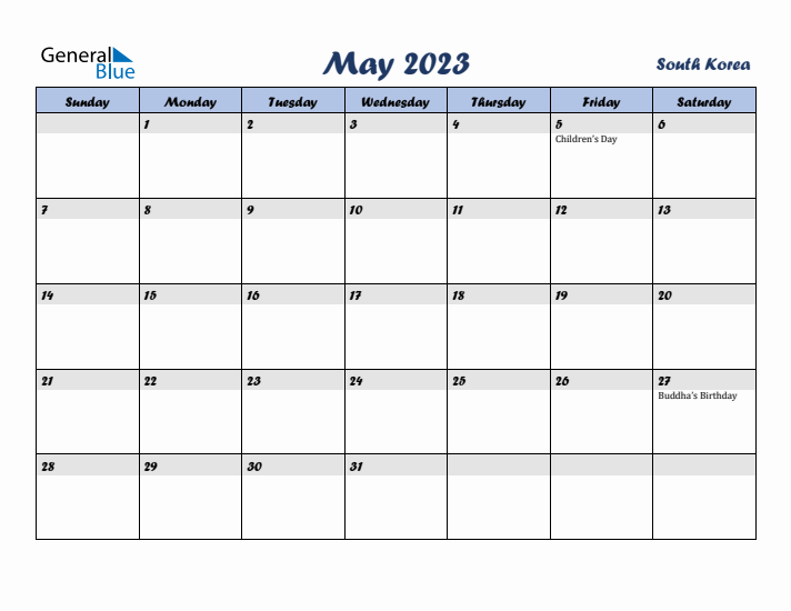 May 2023 Calendar with Holidays in South Korea