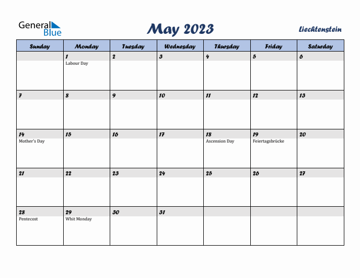May 2023 Calendar with Holidays in Liechtenstein