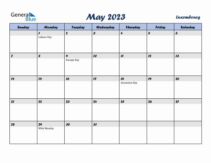 May 2023 Calendar with Holidays in Luxembourg