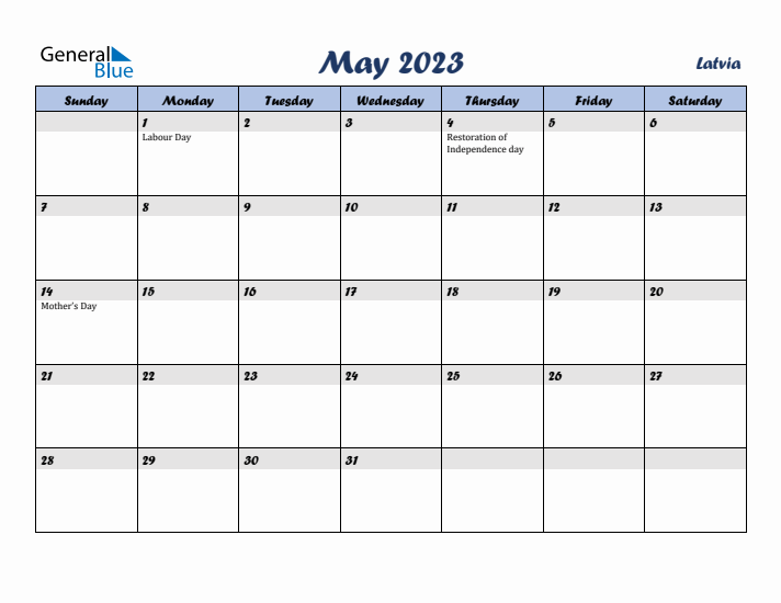 May 2023 Calendar with Holidays in Latvia
