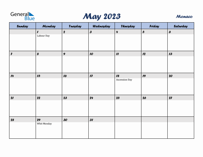 May 2023 Calendar with Holidays in Monaco