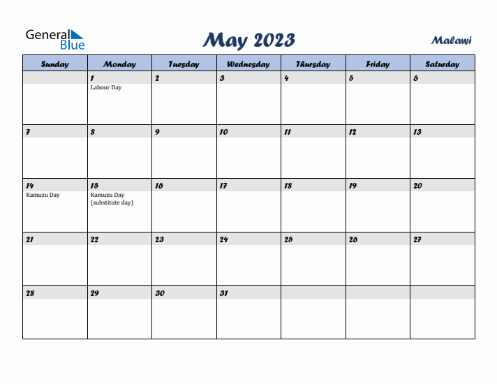 May 2023 Calendar with Holidays in Malawi