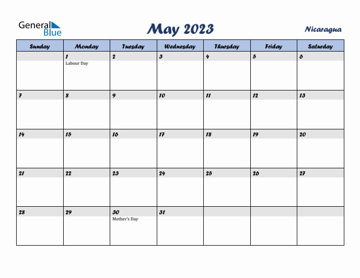 May 2023 Calendar with Holidays in Nicaragua