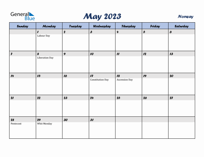 May 2023 Calendar with Holidays in Norway