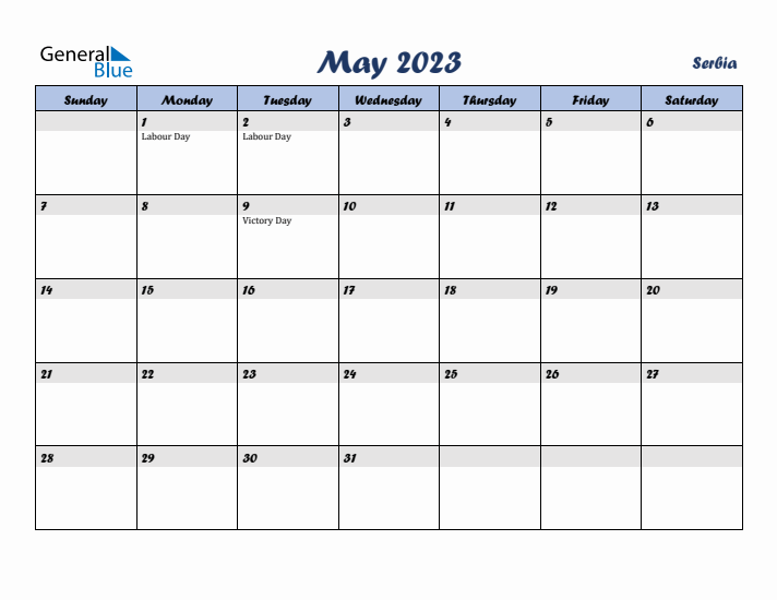 May 2023 Calendar with Holidays in Serbia