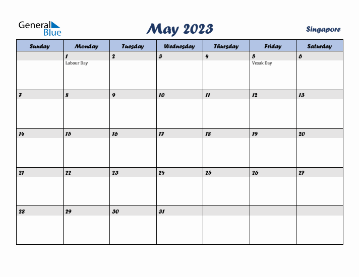 May 2023 Calendar with Holidays in Singapore