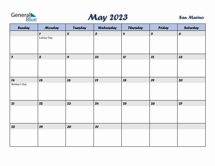 May 2023 Calendar with Holidays in San Marino