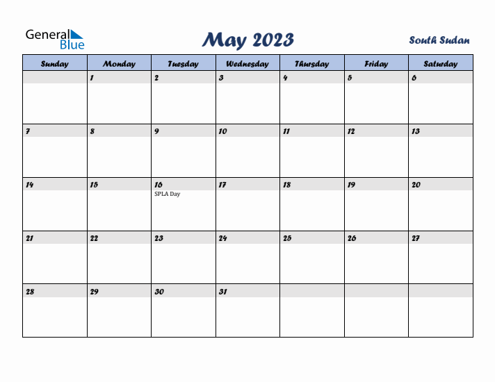 May 2023 Calendar with Holidays in South Sudan