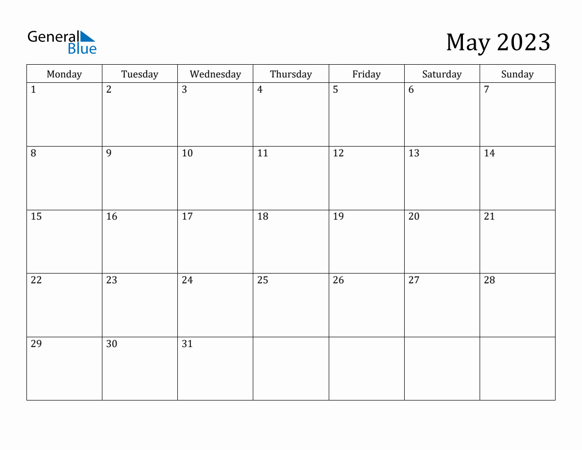 May 2023 Monday Start Calendar (PDF, Excel, Word)