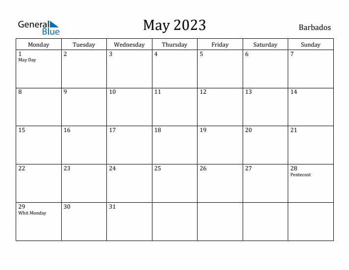 May 2023 Calendar Barbados