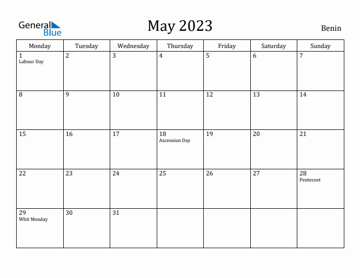 May 2023 Calendar Benin