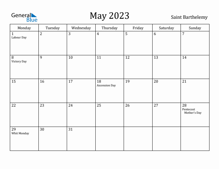 May 2023 Calendar Saint Barthelemy