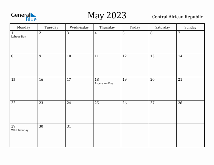 May 2023 Calendar Central African Republic