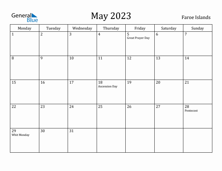 May 2023 Calendar Faroe Islands