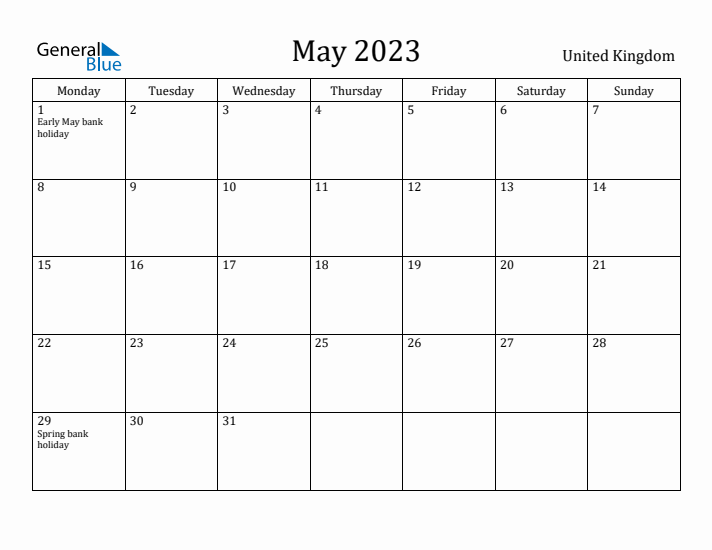 May 2023 Calendar United Kingdom