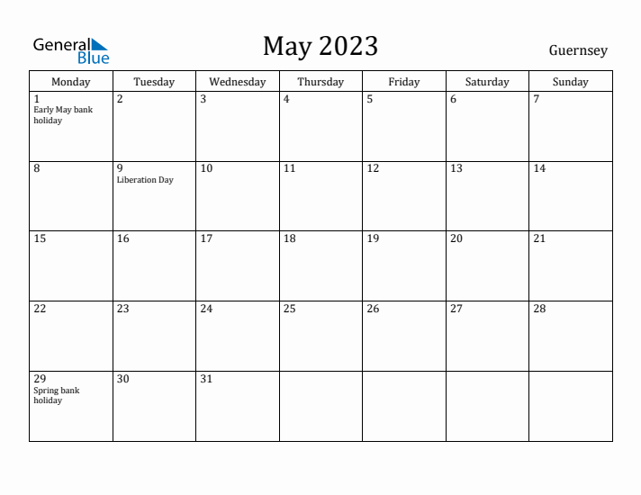 May 2023 Calendar Guernsey