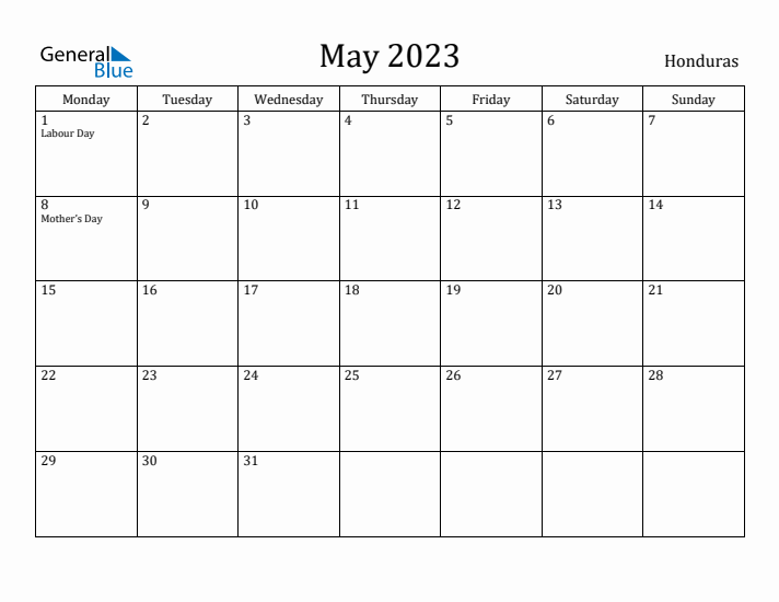 May 2023 Calendar Honduras