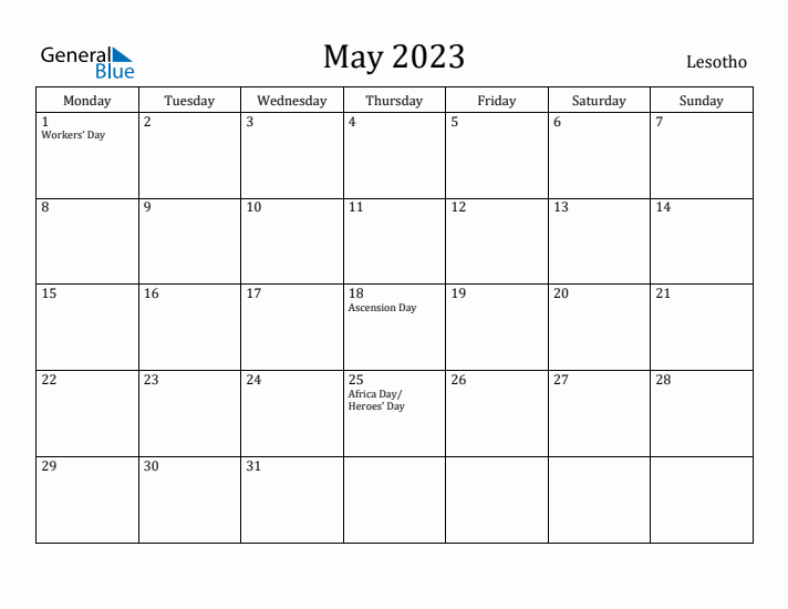 May 2023 Calendar Lesotho