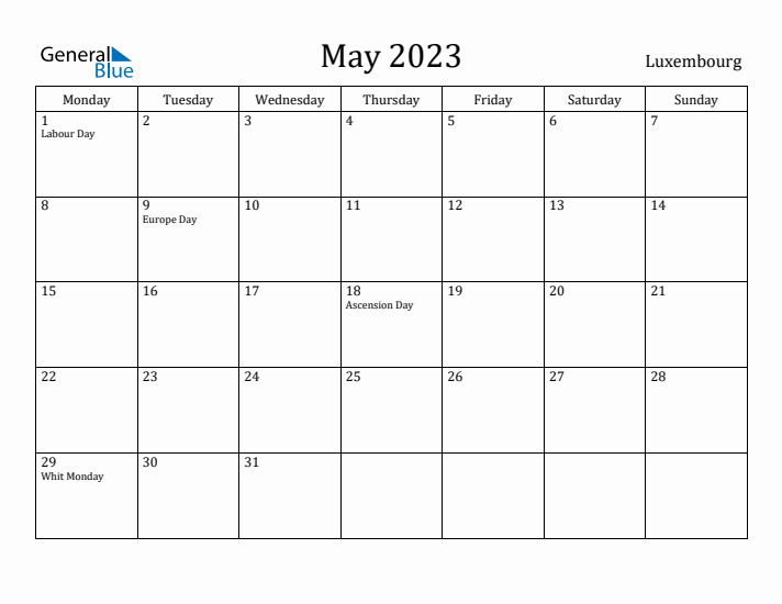 May 2023 Calendar Luxembourg