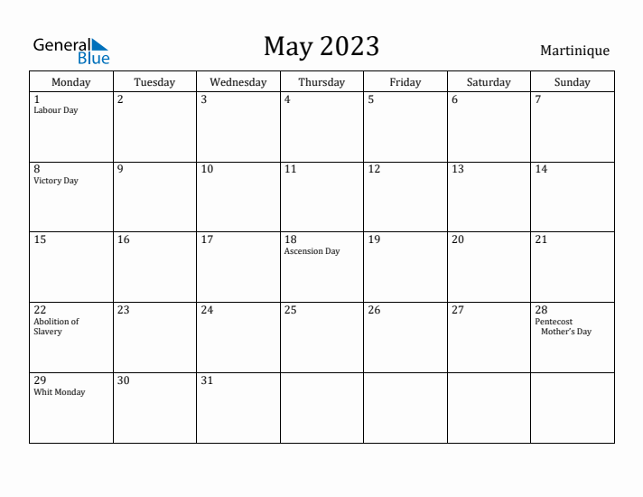 May 2023 Calendar Martinique
