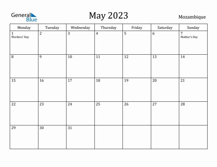 May 2023 Calendar Mozambique