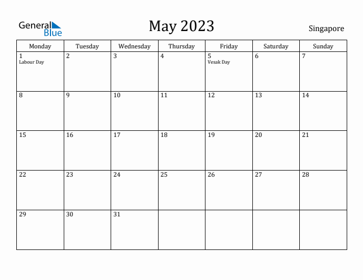 May 2023 Calendar Singapore