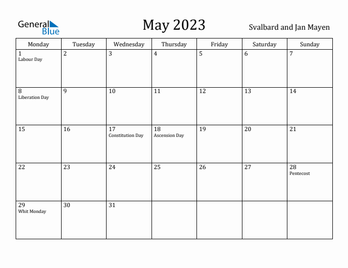 May 2023 Svalbard And Jan Mayen Monthly Calendar With Holidays