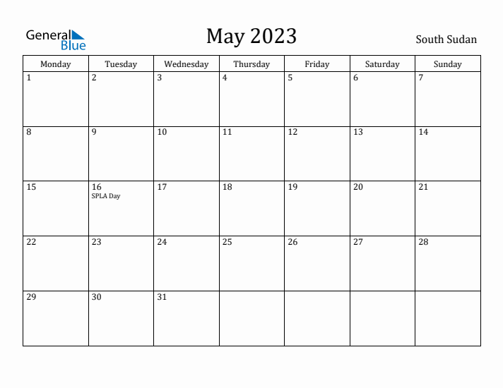May 2023 Calendar South Sudan