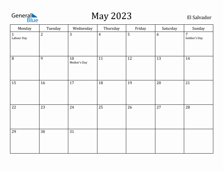 May 2023 Calendar El Salvador