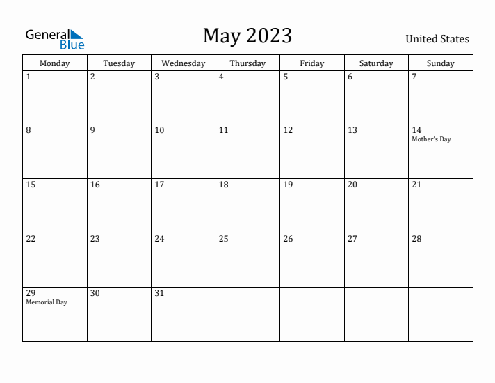 May 2023 Calendar United States