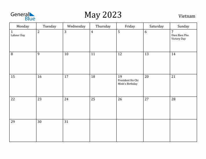 May 2023 Calendar Vietnam