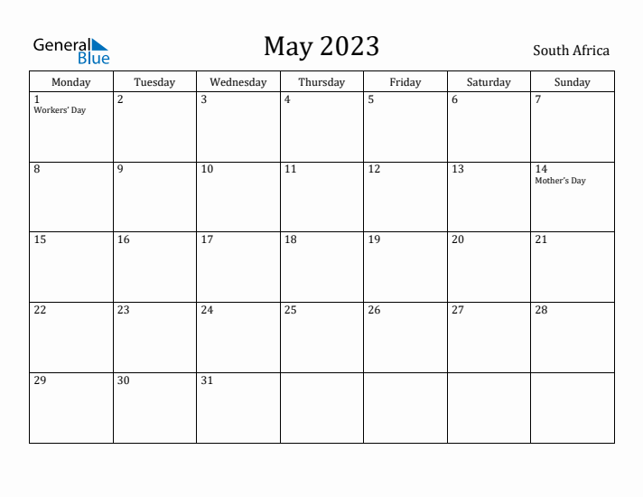 May 2023 Calendar South Africa