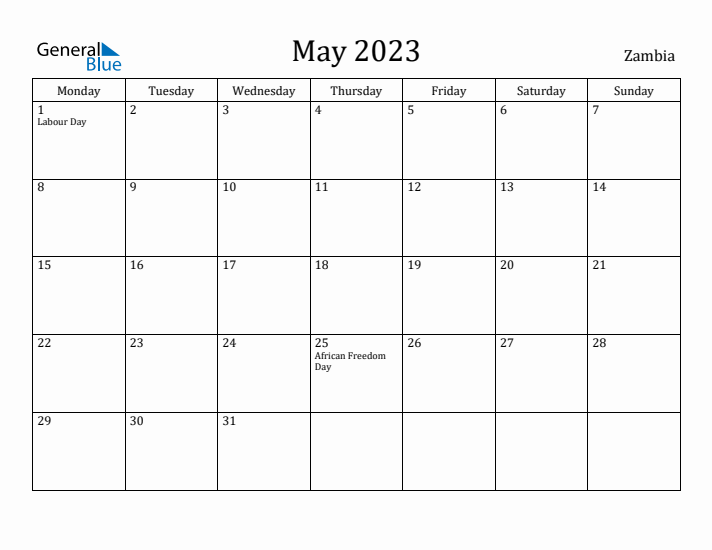 May 2023 Calendar Zambia