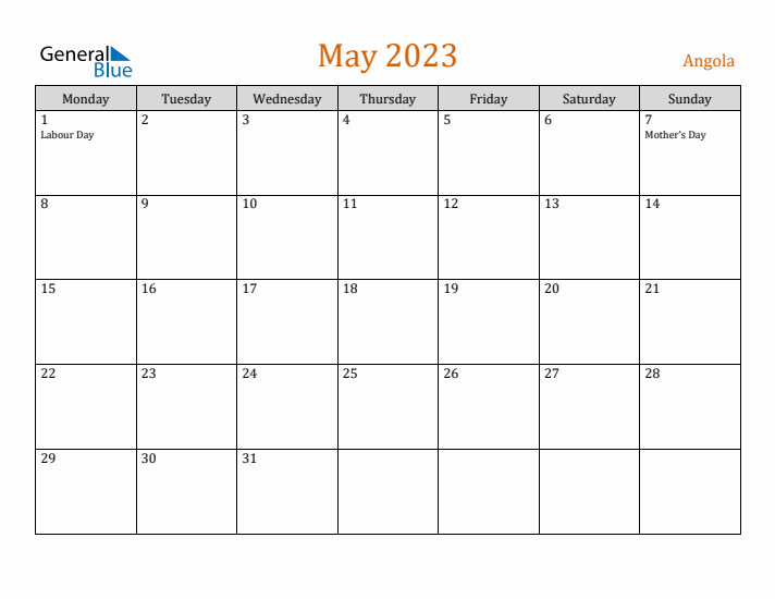 May 2023 Holiday Calendar with Monday Start