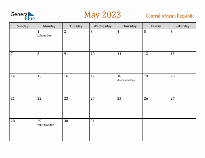 May 2023 Holiday Calendar with Sunday Start